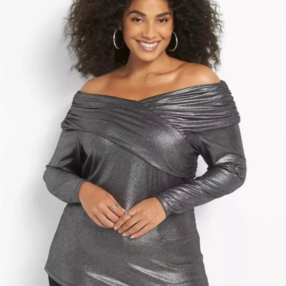 Lane Bryant Metallic Off Shoulder Long Sleeve Top 14/16 NWT